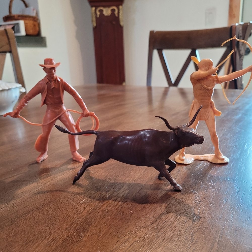 Vintage 1964 Louis Marx plastic toys cowboy, Indian, and long horn bull